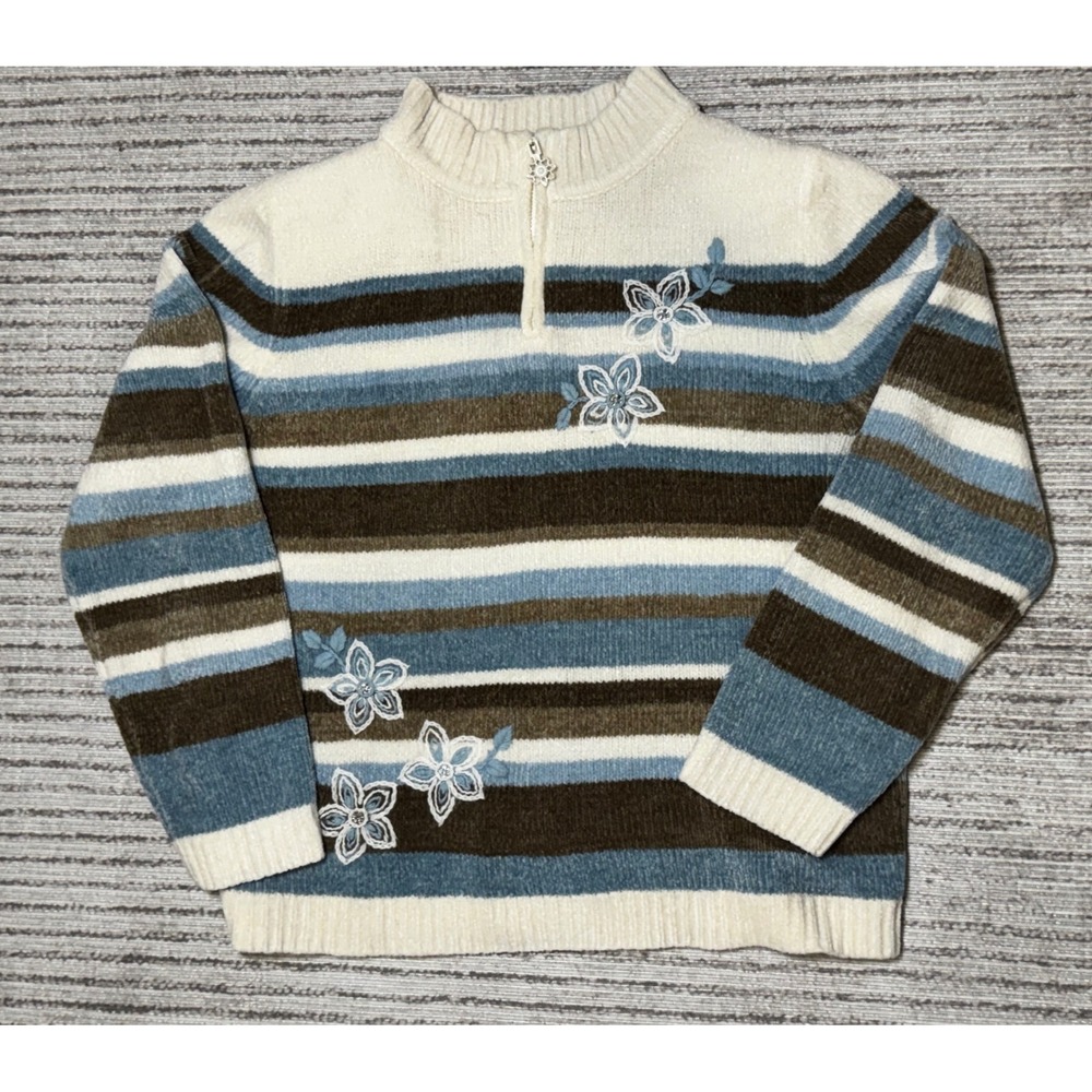 Womens Quarter Zip Striped Floral Embroidered Sweater Blue Brown Cream Pullover
